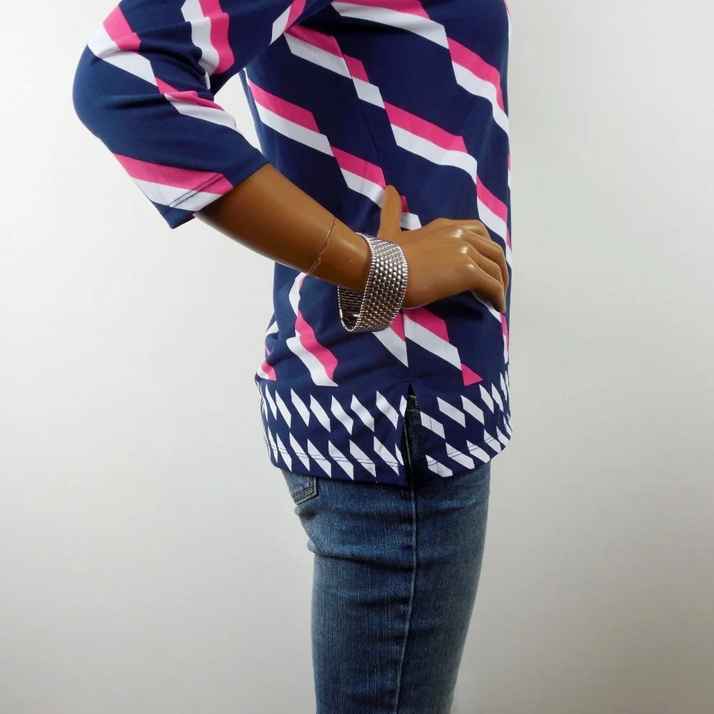 CHICO'S Top S Sz 0 Navy/Pink Stretch Blouse Lightweight 3/4 Sleeve Shirt - Picture 5 of 9